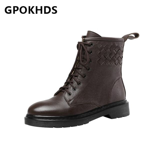 

gpokhds 2021 women ankle boots horseskin winter short plush round toe lace-up med heels female riding boots size 40, Black
