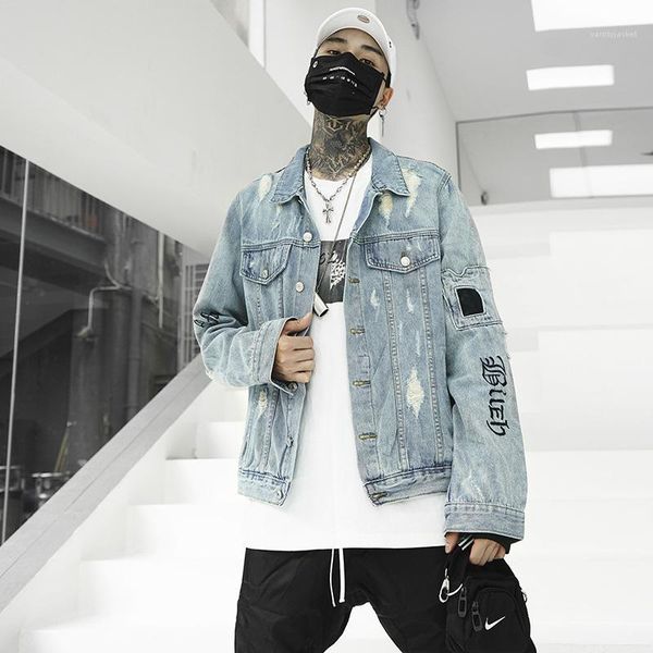 

jackets street styles embroidery mens single breasted coats homme casual holes loose clothes fashion mens jeans, Black;brown