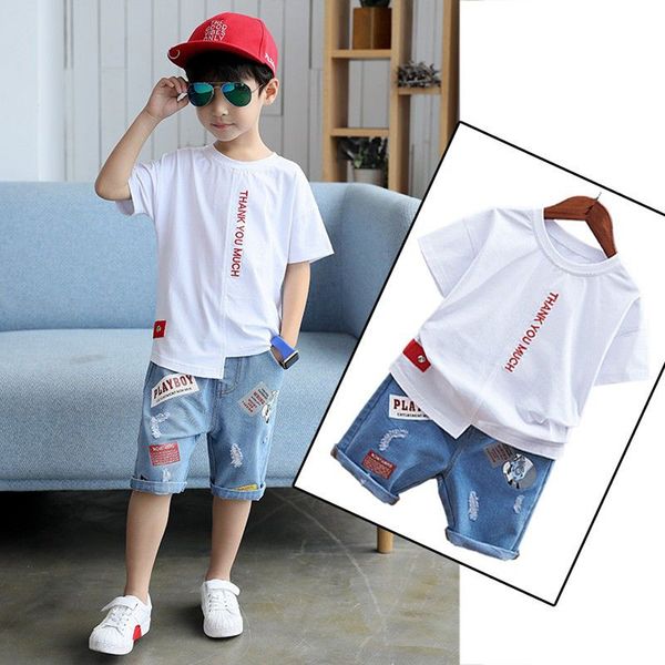 

2019 summer children clothing boys set 4 6 8 9 10 12 years short sleeve letter shirt jeans shorts teenage kids boy set 2 colors, White