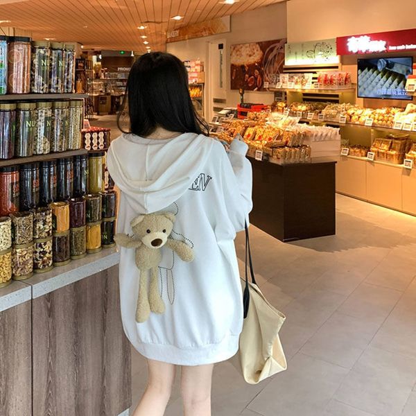

2020 autumn coat sweater new internet celebrity bear loose hooded thin long sleeve mid-length sweater coat for women mulph, Black