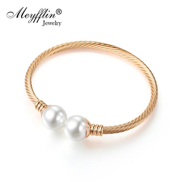 

meyfflin gold silver color women men cuff bracelets & bangles jewelry fashion twist chain simulated pearl charm bracelet bijoux, Black