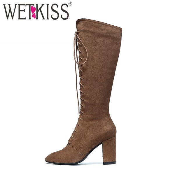 

wetkiss knee high boots winter women cross tied square toe boots zipper 2020 fashion shoes ladies high heels kid suede footwear, Black