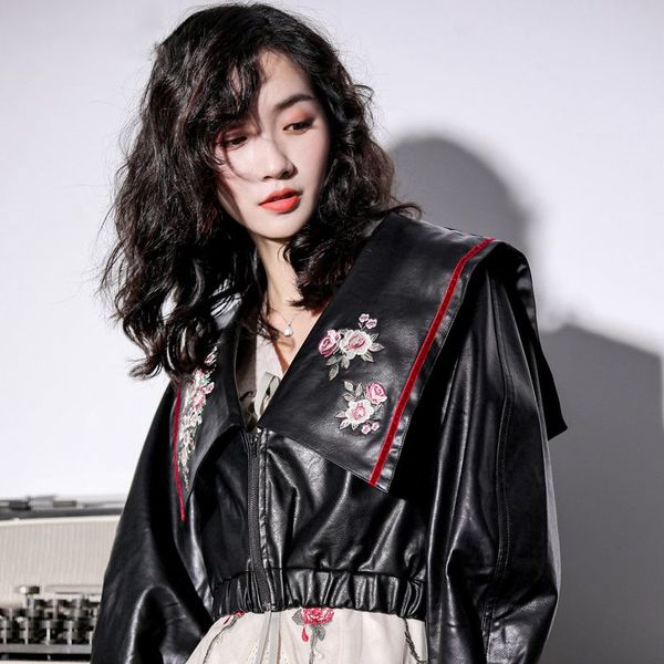 

women floral embroidery faux leather jacket big lapel collar casual moto biker black punk outerwear female spring crop coat, Black;brown