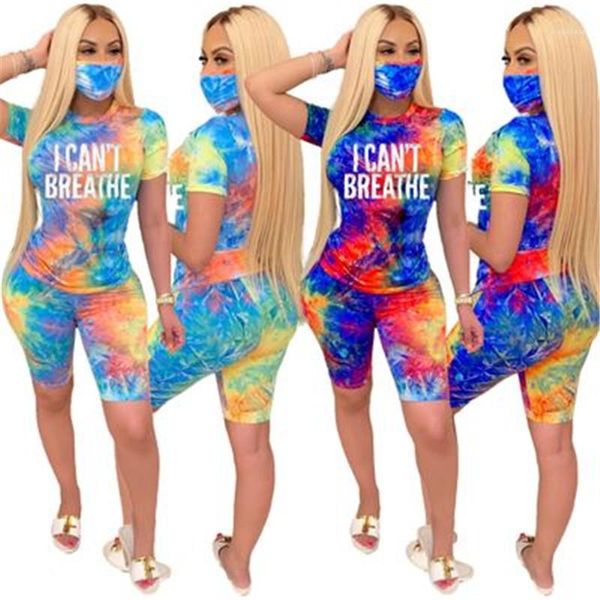 

i cant breathe women suits summer new tie-dye letter printing round neck tracksuits female fashion home sport shorts two piece sets, Gray