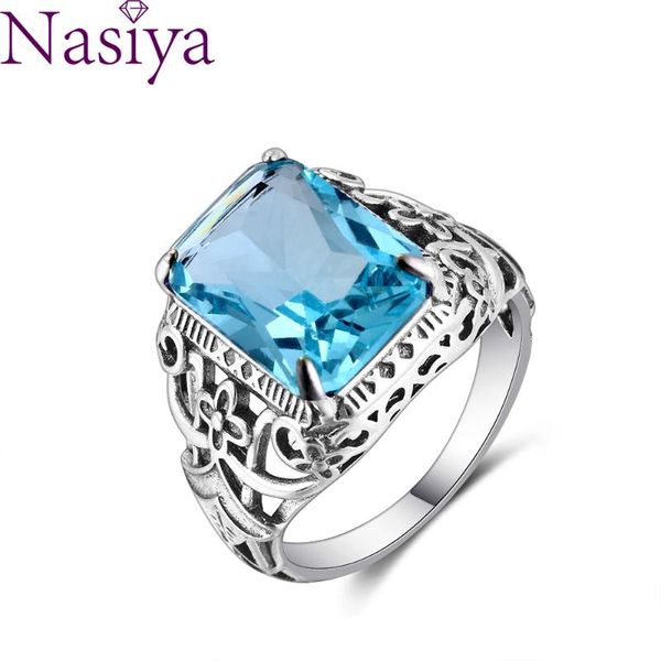 

s925 sterling silver rings aquamarine zircon women hollow out design fine jewelry bridal wedding engagement ring accessory, Golden;silver