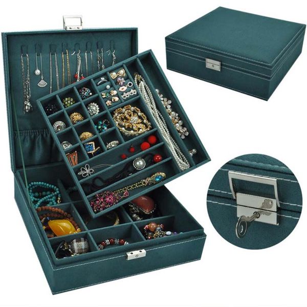 

large selling fashion flannel square jewelry box simple layout 2 layers makeup organizer choker ring necklace storage box, Pink;blue