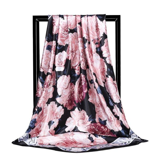 

2020 elegant celebrity plant peony flower silk scarves fashion new women's headscarf 90cm large square scarf muslim headscarf, Blue;gray