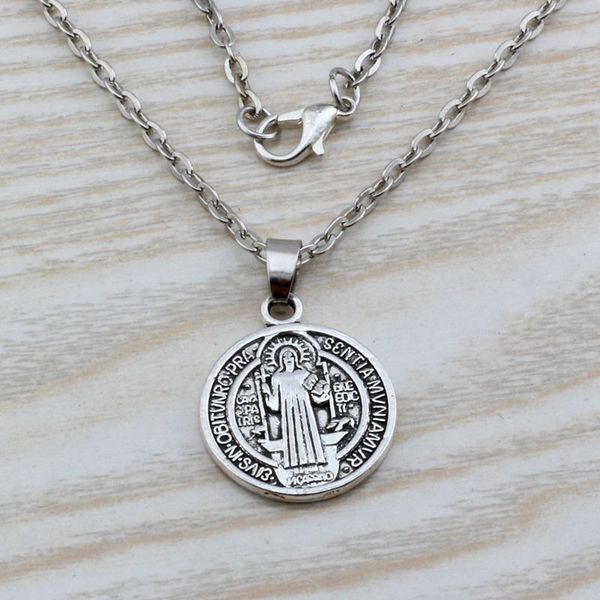 

35pcs /lots St Benedict of Nursia Patron Against Evil Medal Antique Silver Religious Pendant Necklaces 50cm Chains 21x30.5mm c15