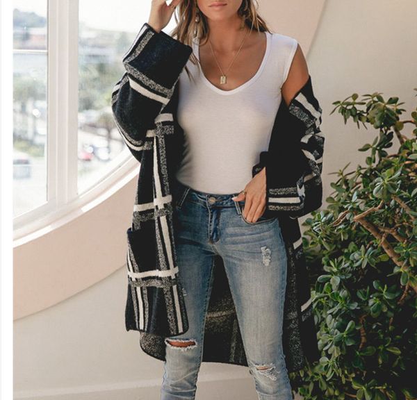 

women's knits & tees sweaters commuter plaid color matching loose coat female-casual kanazat nisayiya-suÃ©teres de mujer, White