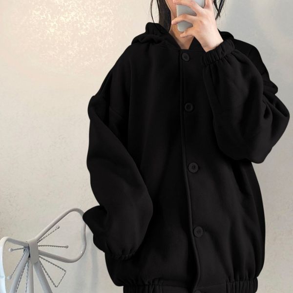 

autumn and winter 2019 plus velvet thick coat sweater coatcoat women's ins fashionable loose western style hooded pink sweater bjqug, Black