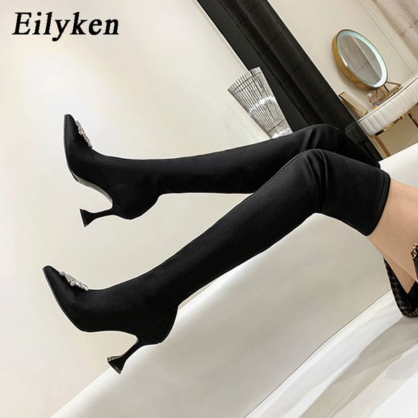 

eilyken star style crystal sun buckle womans shoes pointed toe stretch fabric over the knee boots ladies strange heels, Black
