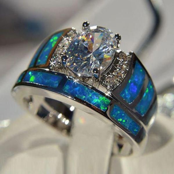 

wedding rings fashion couple for women blue imitation opal zircon ring set party bridal engagement gift with size 5-10, Slivery;golden
