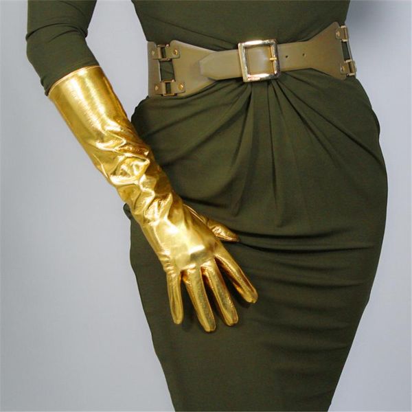 

five fingers gloves medium length patent leather 40cm super bright mirror gold elastic pu simulation qpjs40, Blue;gray