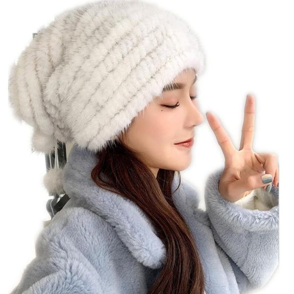 

beanie/skull caps winter beanies for ladies hats women genuine luxury baggy hat with fur pompom female h15, Blue;gray