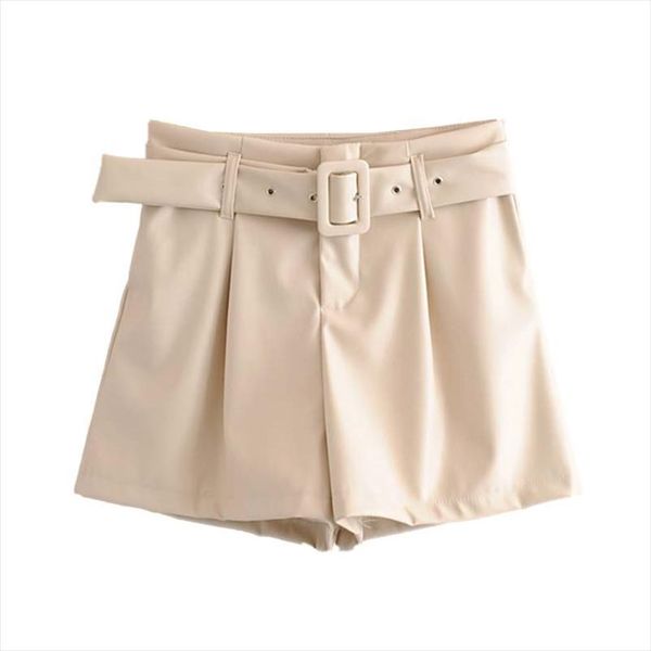 

women stylish black beige shorts sashes zipper fly pockets female casual chic shorts pu leather pantalones cortos, White;black