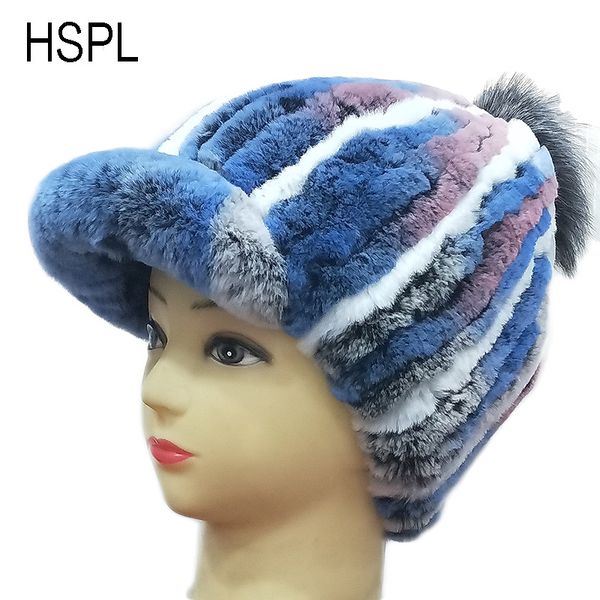 

hspl winter fur hats for women with pompon russia caps 2020 ladies knitted bone elastic hat visor women fur fashion, Blue;gray