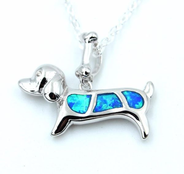 

cute blue fire opal little dog with its bone pendant necklace, Silver