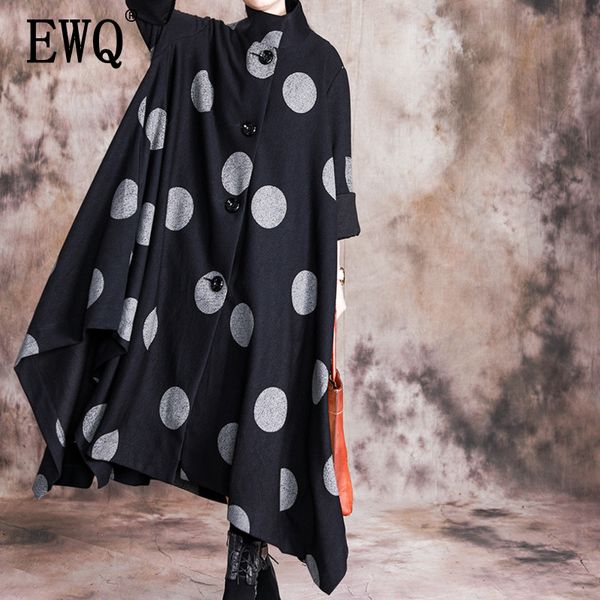 

ewq] 2020 spring summer new arrivals turtleneck collar full sleeve dot pattern women single breasted streetwear coat ay46401, Tan;black