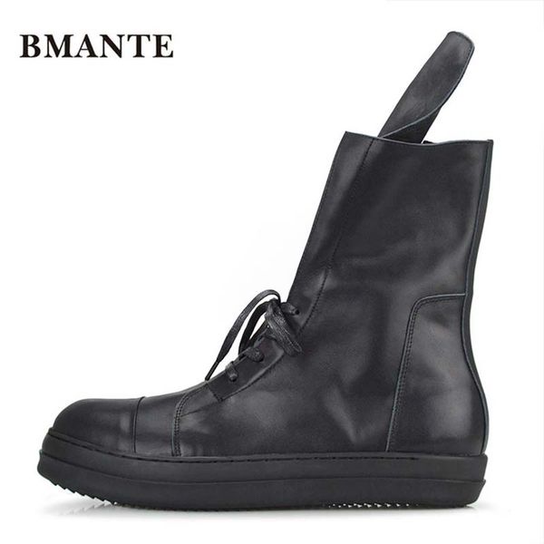 

bmante men boots winter genuine leather trainers ankle boots for men lace-up zip flats sneakers goth dark owen male shoes, Black