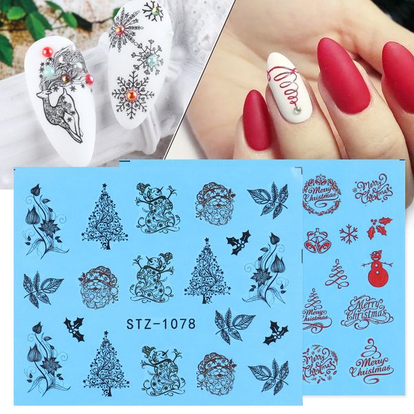 

christmas nail stickers decals set black slider nail decor snowman tree leaf elk water tattoo manicure accessory chstz1066-1081