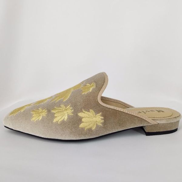 

new muller women's nude color shift gold velvet gold honey embroidered shoes pointed pump slippers with large size 34-45, Black