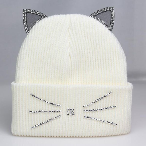 

beanie/skull caps cute ears beanie winter women's knit ribbed hat with rhinestone bling skullies hats white black red grey, Blue;gray