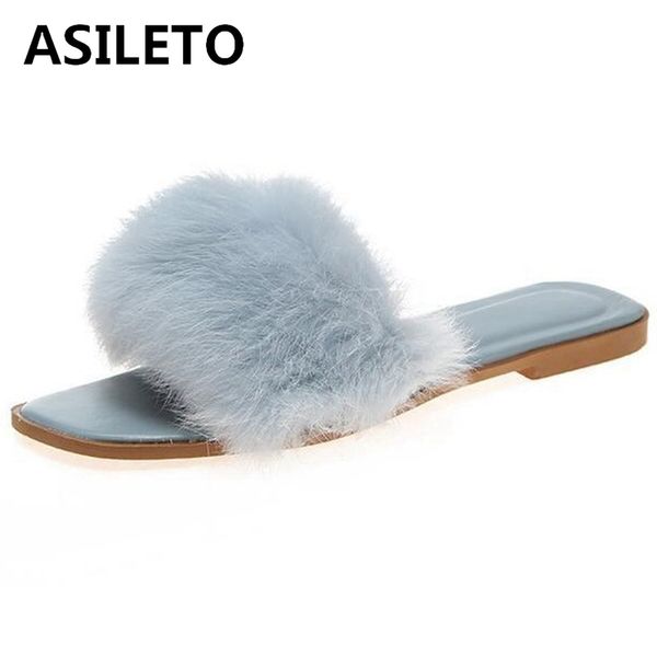 

asileto 2020 woman summer elegant furry slippers open toe low flat heels cute plush large size 35-40 blue casual outdoor f958, Black