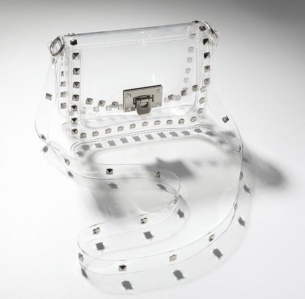 

Designer Handbag 2020 Fashion Jelly Rivet Transparent PVC Portable Diagonal Small Square Bag Ready To Ship
