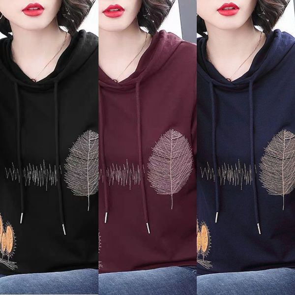 

женские капюшоны 2020 осень новой большого размера тонкой длинный рукав футболка мам среднего возраста весной top свитер футболки свитер и о, Black