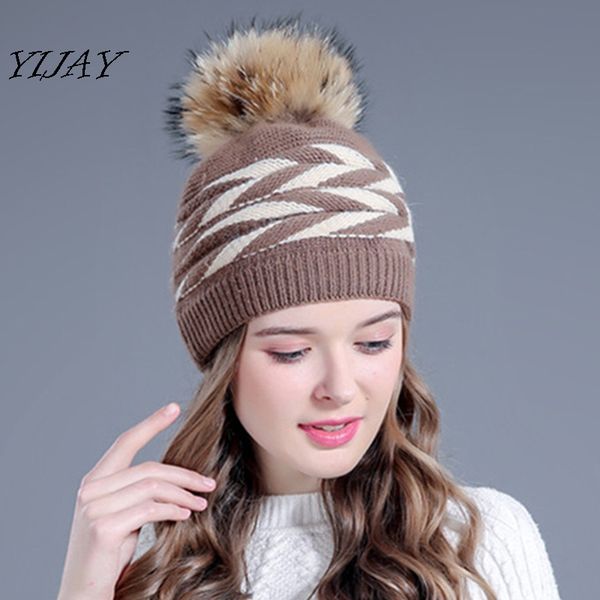 

beanie/skull caps winter double-deck fur knitted hat for women real pom poms hats bonnet girl skullies beanies, Blue;gray