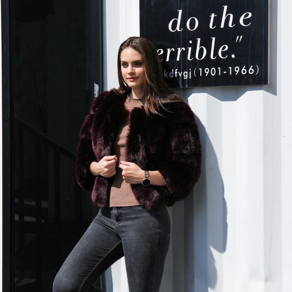 

women faux fur coat autumn winter 2020 fashion casual warm coat plus size faux fur overcoat jacket female short sleeves, Black