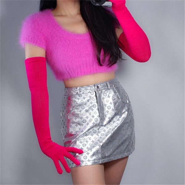 

fashion long wool gloves 55cm knitting five fingers high elasticity wool women rose red s00235-9, Blue;gray
