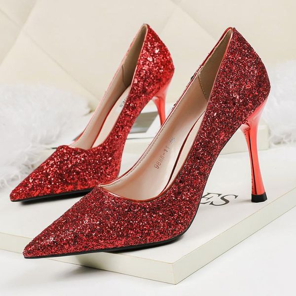 

new 9.5cm pumps 2020 pointed shallow mouth stiletto heels sequins thin thin wild shoes red temperament single shoes, Black