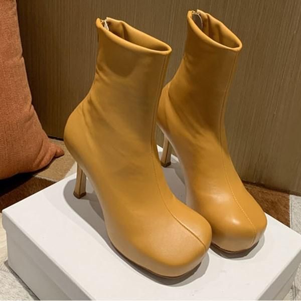 Designer de couro tornozelo feminino elástico salto alto botas curtas plataforma dedo do pé quadrado sapatos de inverno mulher botas