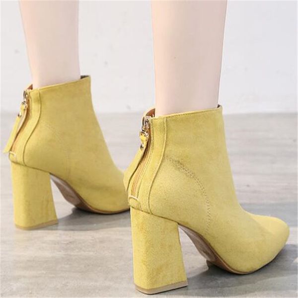 

boots shoes women ankle square heel zapatos de mujer bock zip winter warm fashion pointed toe casual high black