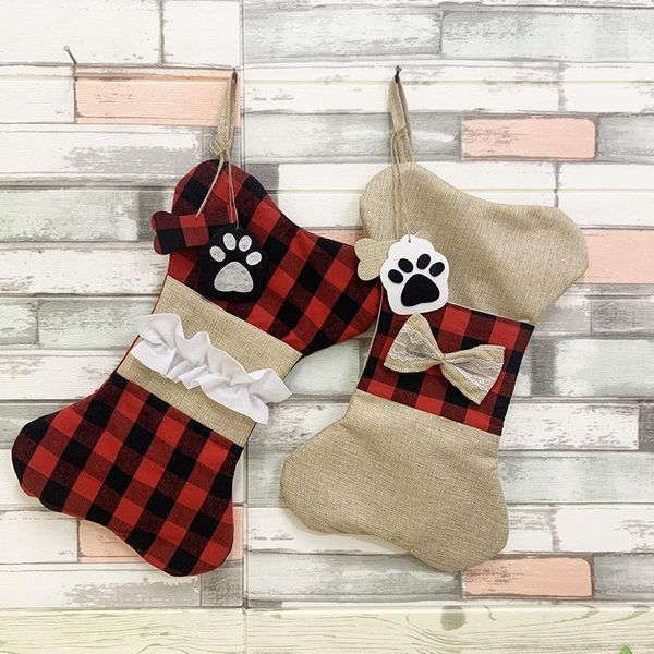 

us stock 2020 lovely christmas decoration bone christmas stocking 42cm*26cm big plaid puppy pet burlap bone pet christmas gift candy bags