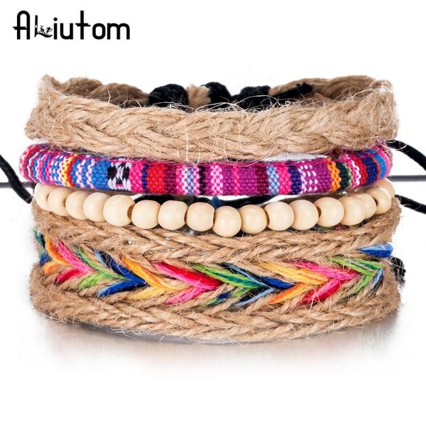 

aliutom 4pcs/set colorful beaded multilayer handmade rope woven bracelets hippy boho embroidery cotton friendship bracelets, Black