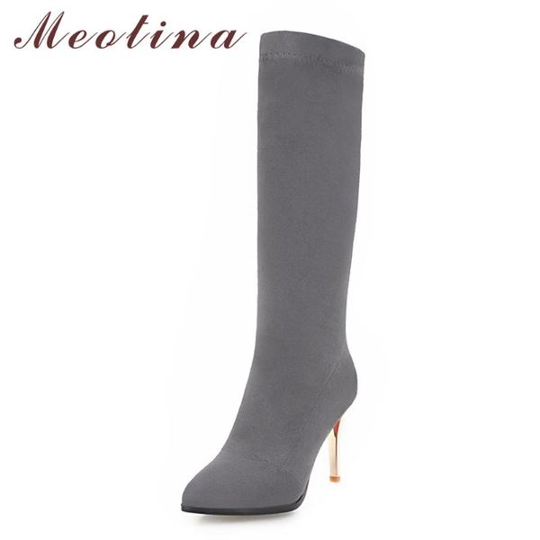 

meotina winter women socks boots knee high boots luxury elastic pointed toe heel black beige gray 34-43