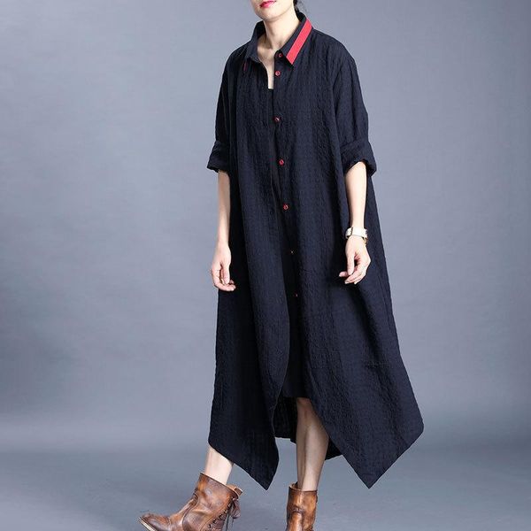 

women's trench coats fairy natural 2021 spring fall cotton linen female irregular loose plus size women long windbreaker turn-down coll, Tan;black