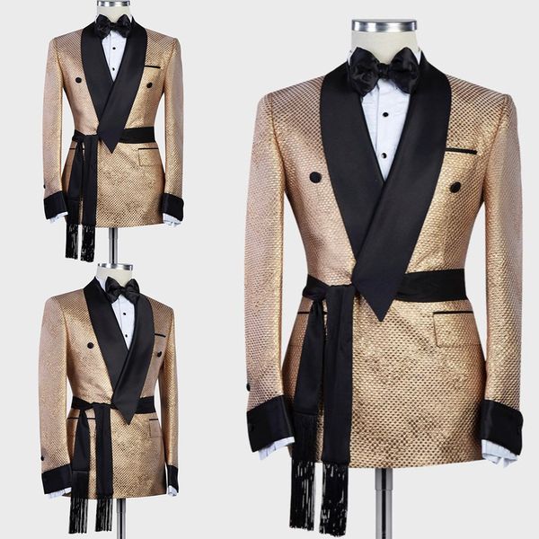 Luxo árabe ouro Mens casamento smoking com Belt Custom Made Individual Jacket Groom Groomsmen Suit Mens Formal Wear