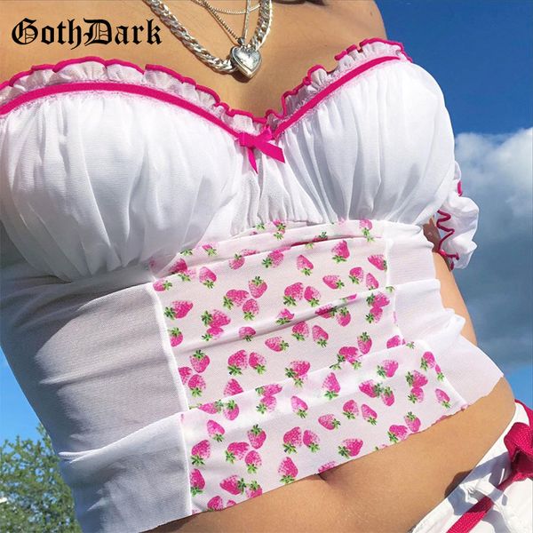 

women's tanks & camis goth dark e-girl sweet mesh strawberry printed front crop slash neck elastic bustier ruffles strap summer women, White