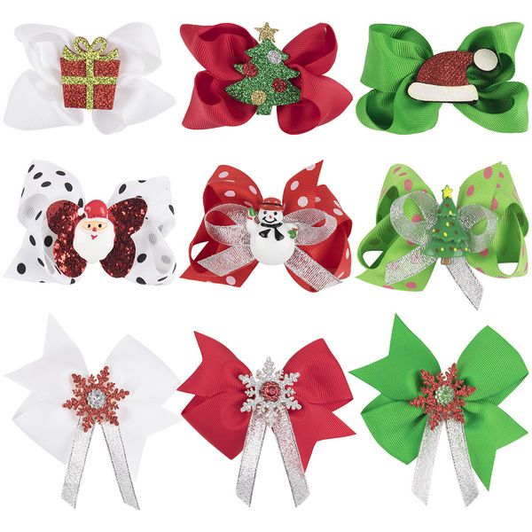 

christmas hair accessory baby girl hair clips with santa claus hat snowflake barrettes hairpin ribbon bow hair head accessories, Slivery;white