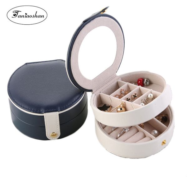 

popular double-deck jewelry box portable leather jewellery box for woman 4 colors earrings storage casket gift, Pink;blue