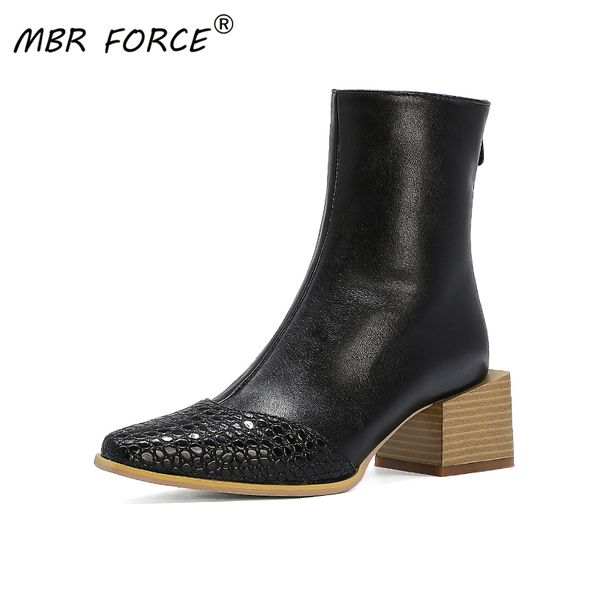 

mbr force fashion patchwork boots for women thick heel shoes elegant woman mujer botte femme black white brown