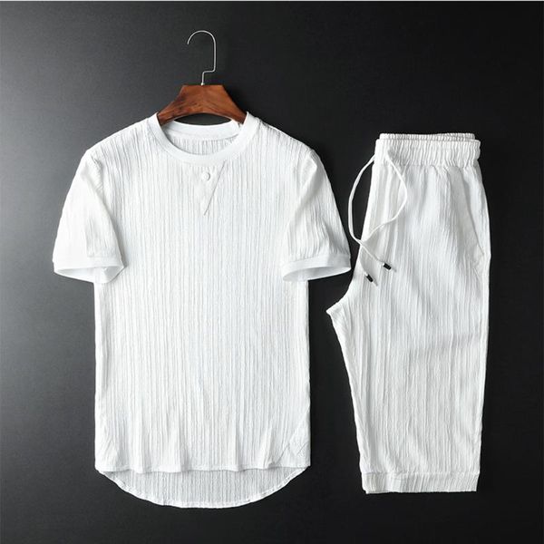 

men's tracksuits fashion set cotton short sleeve pants summer round collar tracksuit solid color lace y617, Gray