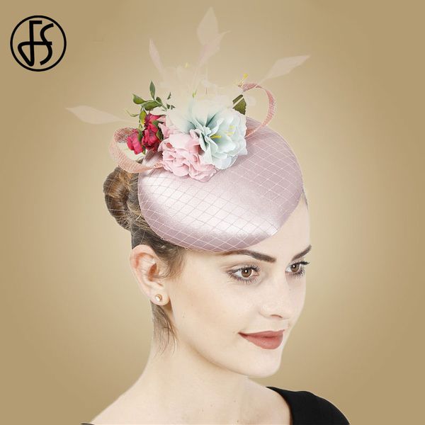 

stingy brim hats fs women for wedding fascinators pink flower feather ladies bridal hairpin headdress mesh chapeau femme, Blue;gray