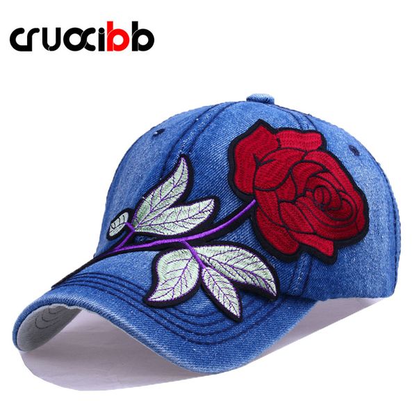 

cruoxibb женской моды бейсболка вышивка красной роза hat bone snapback женщина casquette открытых джинсы hat cap denim вводный, Blue;gray