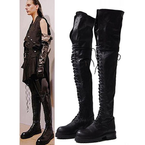 

siddons 2020 patent leather women over the knee flats boots round toe cross-tied black punk shoes woman thigh high knight boots