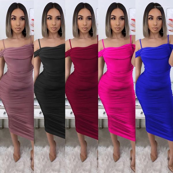 

solid color female clothing 2020 women designer mid long dress summer camisole pleated dresses fashion, Black;gray