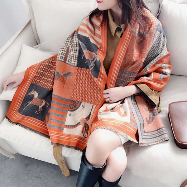 

2020 new fasshion women winter scarf cashmere warm foulard lady luxury horse thick scarves soft bufanda shawls wraps, Blue;gray